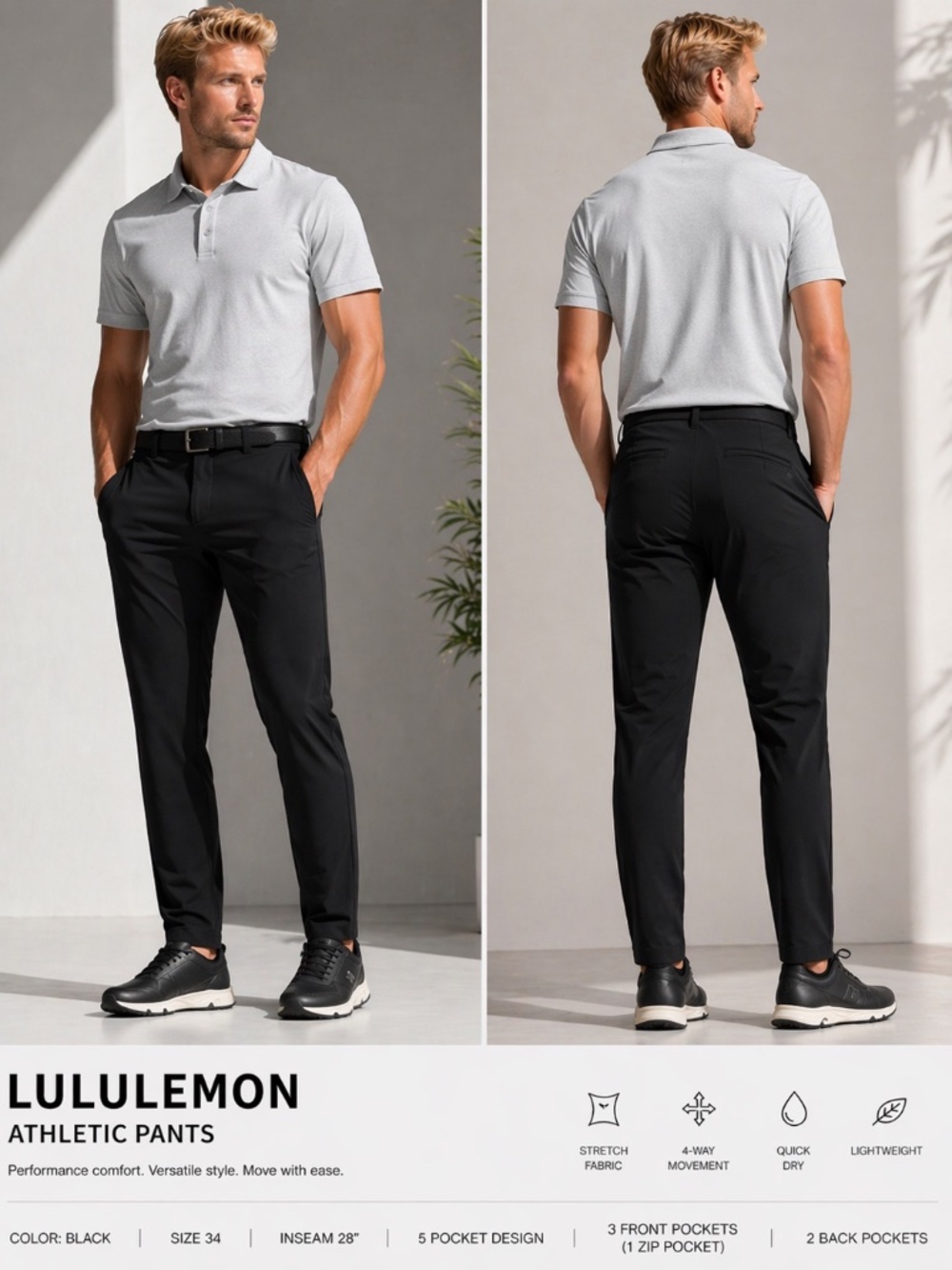 Lululemon Men’s Black Athletic Pants 34x28 Stretch Golf Travel 5 Pocket Trousers